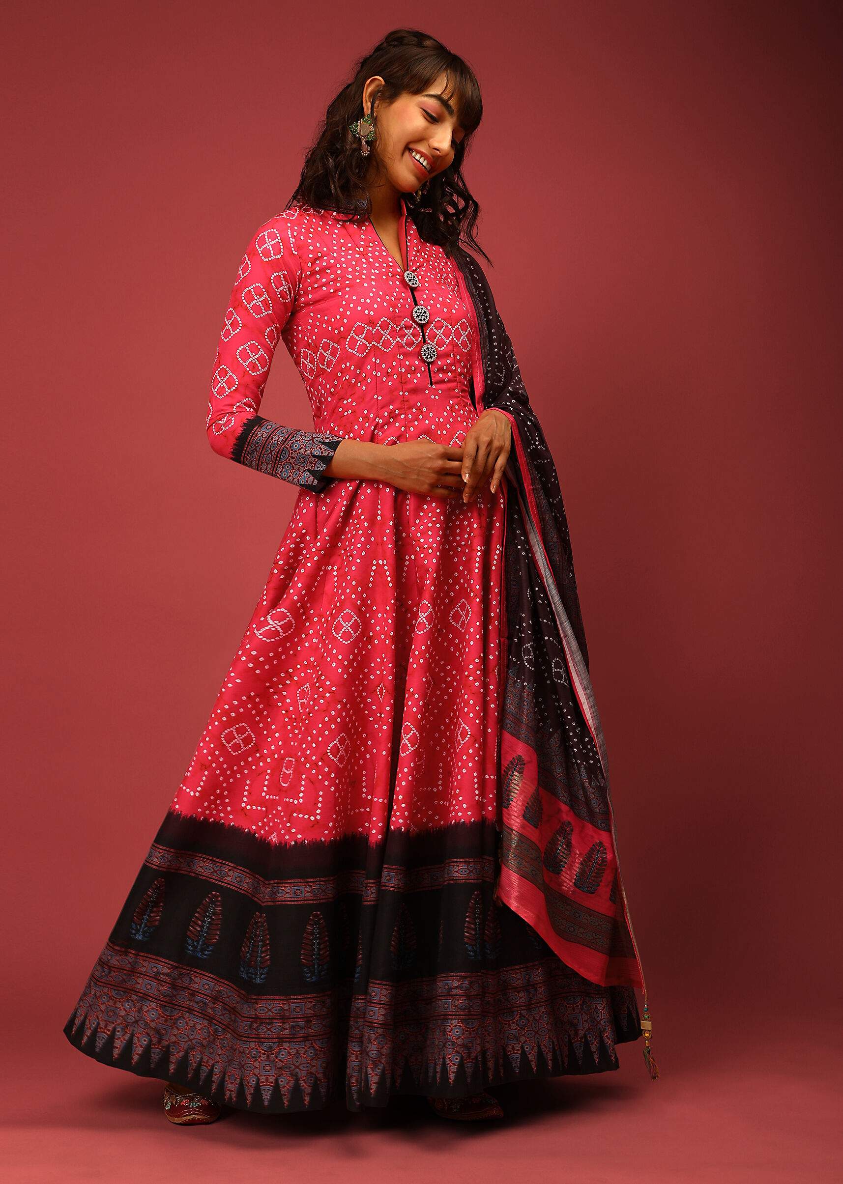 Hot Pink Anarkali Suit In Silk With Bandhani Design And Contrasting Maroon Block Printed Border Online - Image 2
