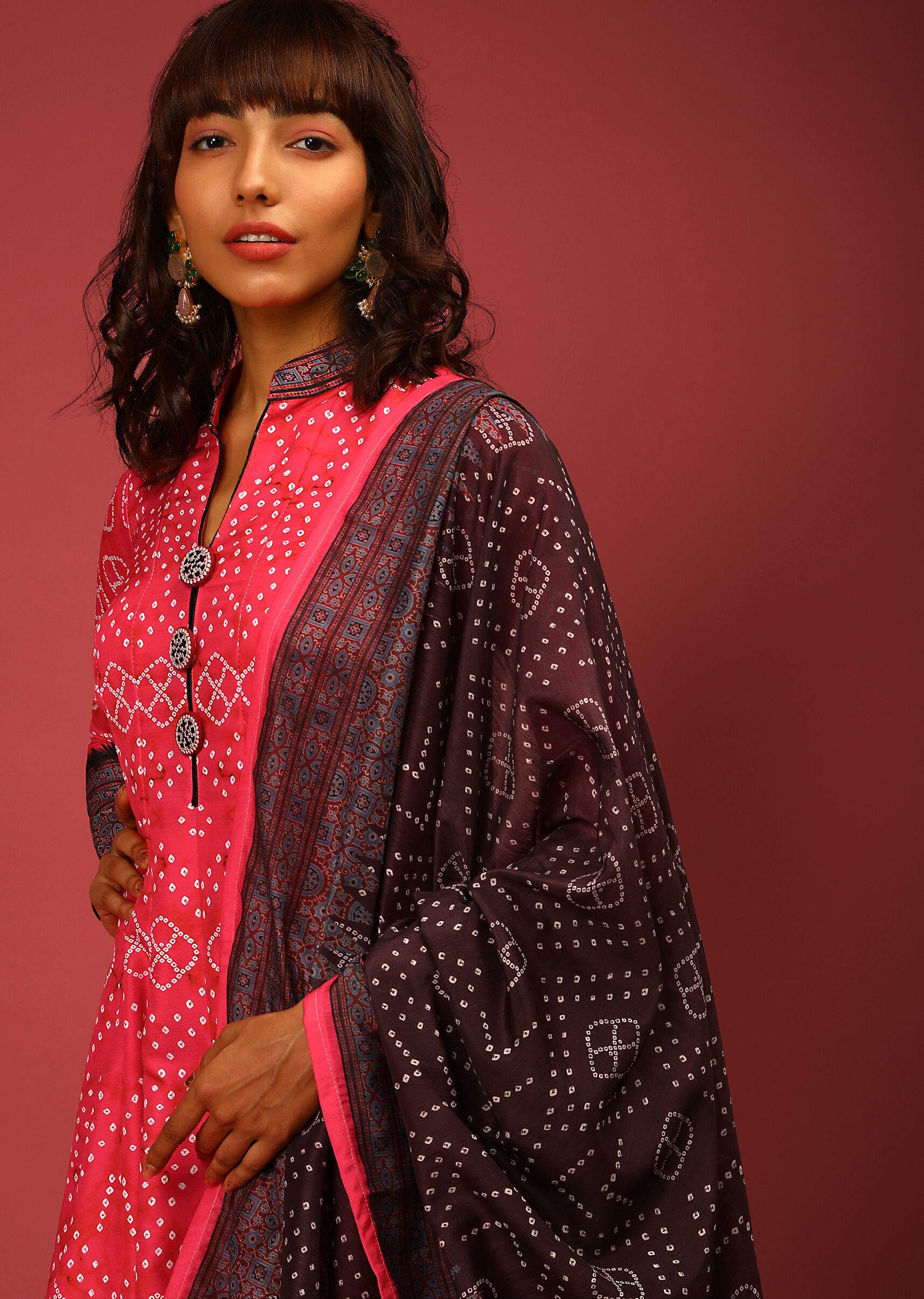 Hot Pink Anarkali Suit In Silk With Bandhani Design And Contrasting Maroon Block Printed Border Online