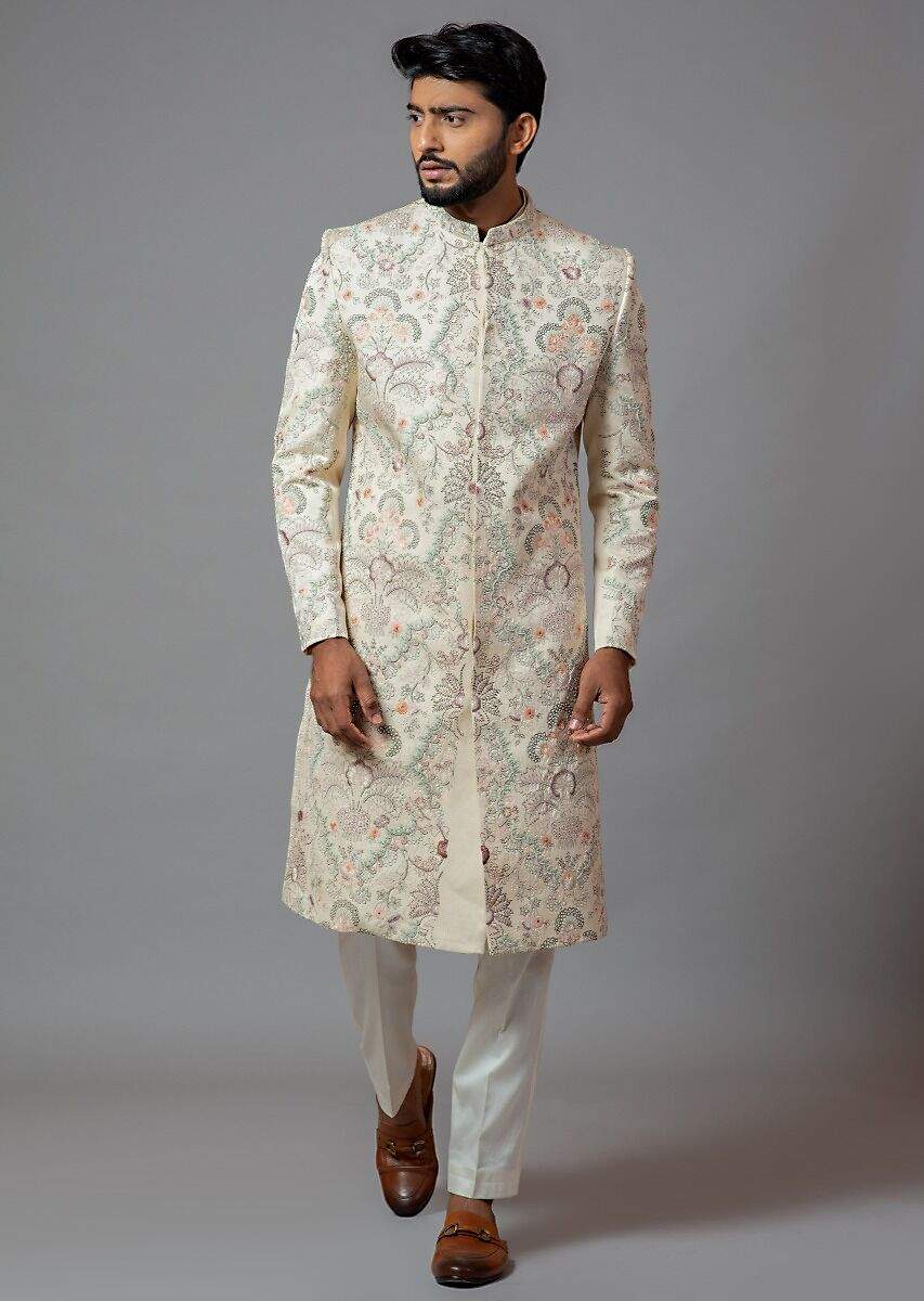 Ivory Sherwani In Linen Satin With Heavy Multi Colored Jaal Embroidery And Cream Pajama By Smriti Apparels