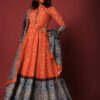 Orange Anarkali Suit In Silk With Bandhani Jaal And Contrasting Grey And Blue Border With Ethnic Print Online