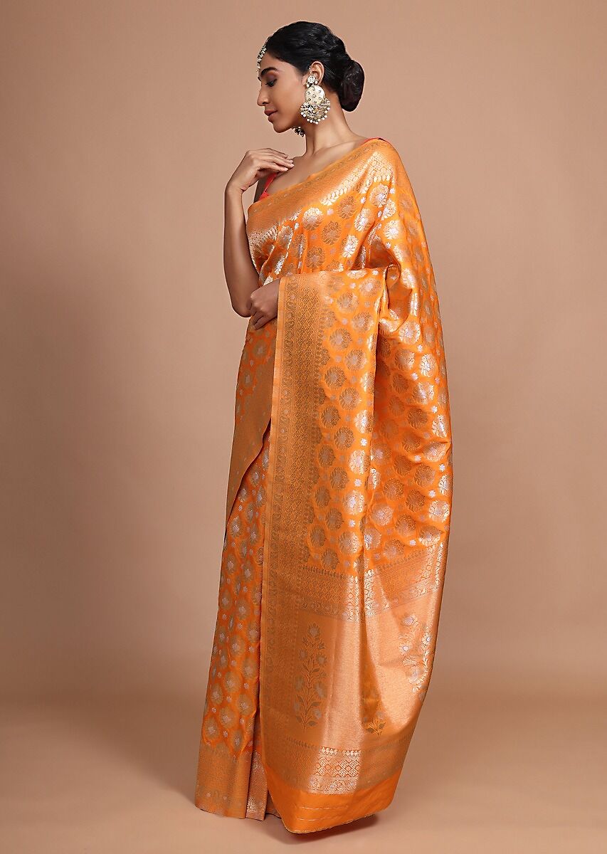 Emerald Green Saree In Chiffon With Golden Sequins And Kundan Work Online