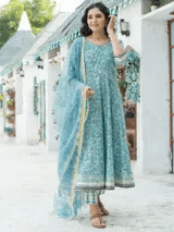 Azure Blue Hand Block Print Kurta Set with Doria Dupatta